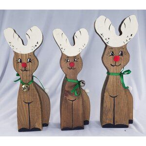 Vintage Christmas Wooden Reindeer Rudolph Family Set Jingle Bell Collar